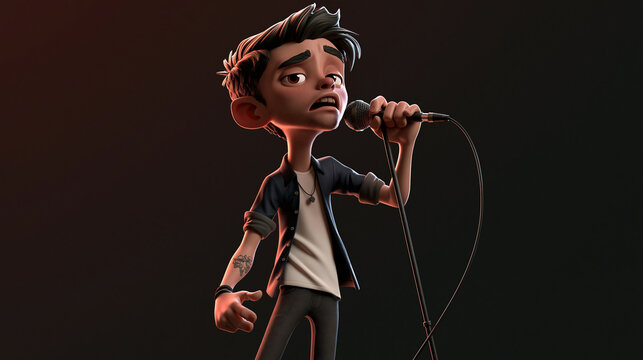A stylized 3D render of a male cartoon character singing passionately into a microphone on a dark stage under dramatic spotlighting.
