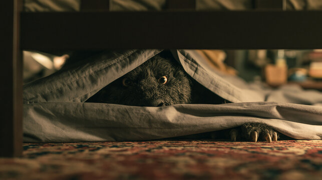 A cinematic shot from underneath a bed revealing a scary monster hiding under the sheets with glowing eyes and sharp claws peering out into a dark room.
