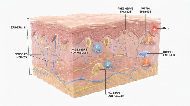 Anatomy of human skin layers with sensory nerve endings and receptors in a 3D diagram.