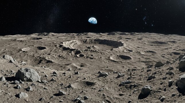 Lunar Surface With Craters And Rocks Under Starry Night Sky For Space Exploration Concepts