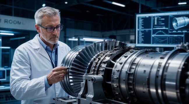 Engineer Inspecting Jet Turbine Engine in Research Lab