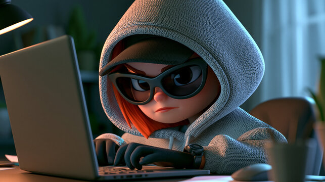 A close-up 3D render of a focused female cartoon hacker wearing a grey hoodie, sunglasses, and cap, intensely typing on a laptop in a dimly lit room.