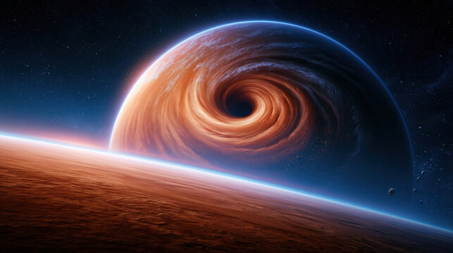 Black hole space galaxy planet horizon accretion disk swirling black hole above glowing planetary horizon deep space, creating dramatic contrast between fiery motion, blue atmosphere