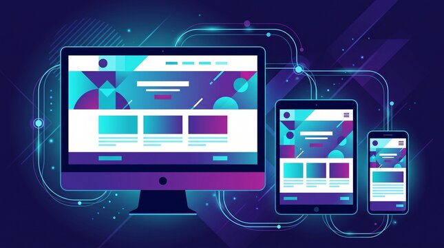 Responsive web design concept showing a unified website interface adapting across desktop, tablet and smartphone screens in flat design.