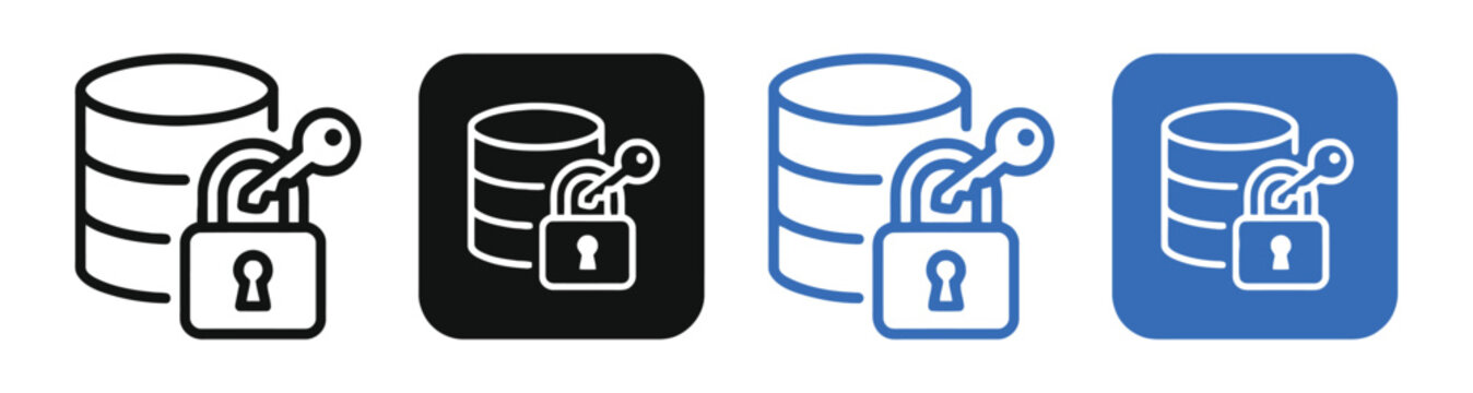 Database security icons depicting cylinders secured with padlocks and keys shown in four distinct design variations.