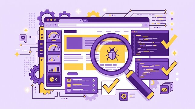 Website testing and debugging concept with code inspection, bug detection, diagnostic tools and quality checks in a modern flat design illustration.