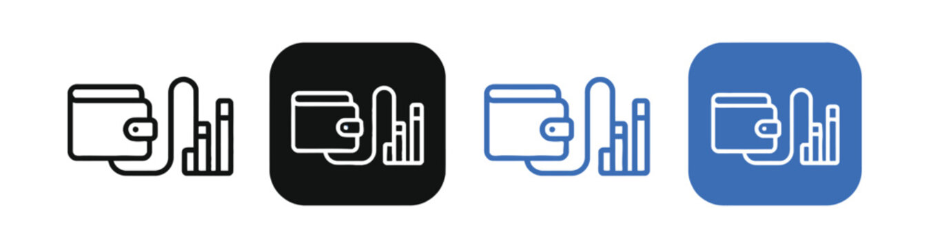 Wallet icon set featuring financial charts and digital currency transaction symbols displayed in multiple styles.