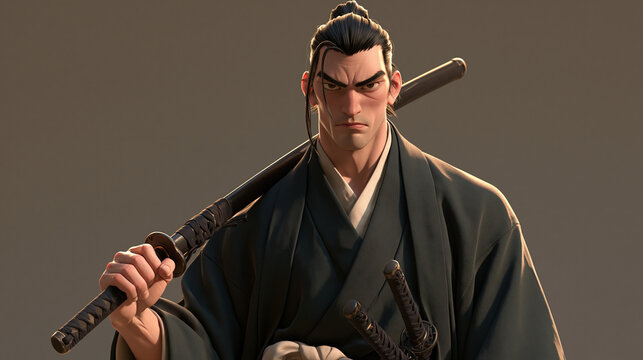 A stylized 3D render of a determined samurai warrior with a topknot, wearing a dark kimono and holding a katana sword, looking intently forward.