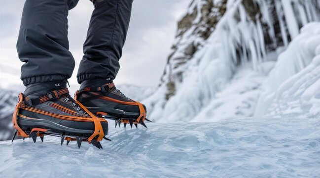 Mountaineer Wearing Crampons on Glacier Ice Surface