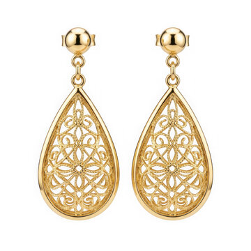 Pair of elegant gold teardrop earrings with intricate filigree pattern isolated on transparent background