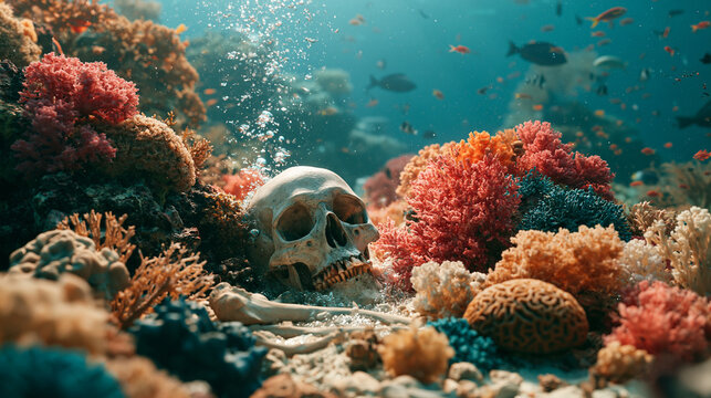A cinematic underwater shot of a human skull resting on a vibrant coral reef floor surrounded by marine life, bubbles, and mysterious deep blue water.