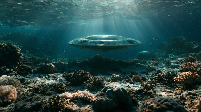 A cinematic underwater shot of a mysterious flying saucer or UFO hovering above a rocky ocean floor with dramatic sunrays piercing through deep blue water.
