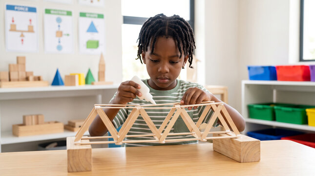 A child building a miniature bridge from wooden craft sticks, engineering and problem-solving activity, simple STEM learning environment, clean geometric forms, Children's Day