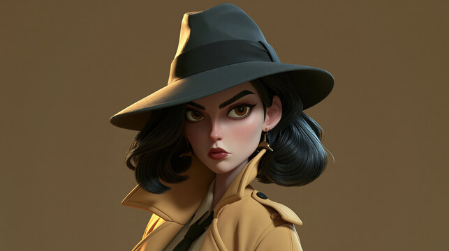 A stylized 3D render portrait of a beautiful, confident woman with dark hair wearing a beige trench coat and fedora hat, isolated on a muted background.