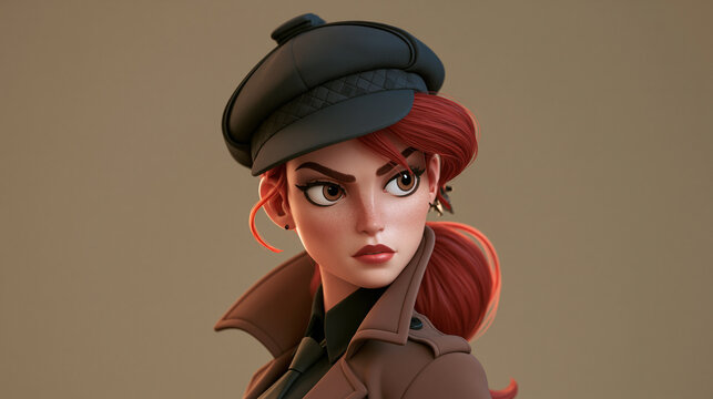 A stylized 3D render portrait of a beautiful, confident woman with red hair wearing a trench coat and newsboy cap, looking over her shoulder intently.