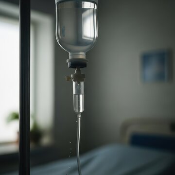 Intravenous drip bag hanging from a medical stand in a dimly lit hospital room with a patient bed in the background