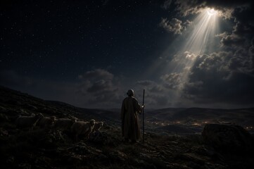 Fototapeta premium Shepherd with sheep on hill watching glowing angel appearing in night sky with divine light beam. Biblical Christmas nativity scene and announcement of birth of Jesus Christ