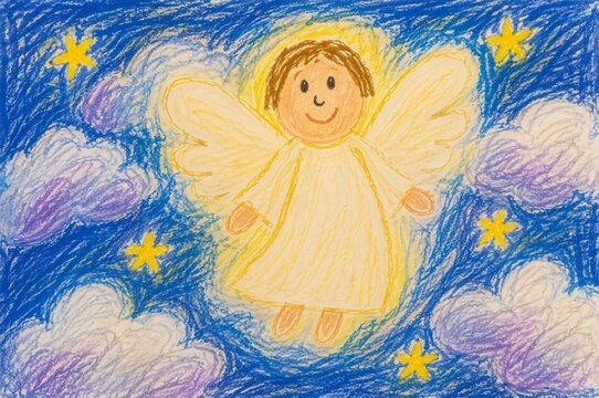 Child crayon drawing of smiling angel with halo and wings flying in blue night sky with stars and clouds. Appearance of angel to shepherds on Christmas eve. Religious nativity story illustration
