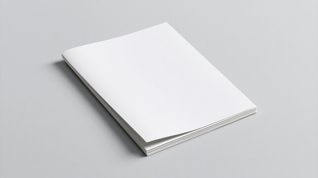 A clean 3D render mockup of a closed folded brochure or magazine with a blank white cover on a neutral grey background, ideal for corporate branding presentations.