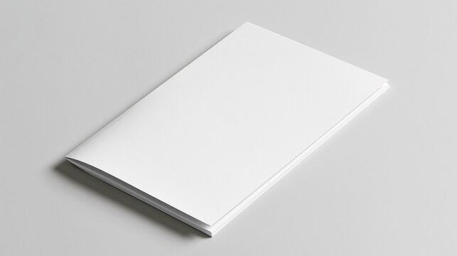 A clean 3D render mockup of a closed folded brochure or magazine with a blank white cover on a neutral grey background, ideal for corporate branding presentations.