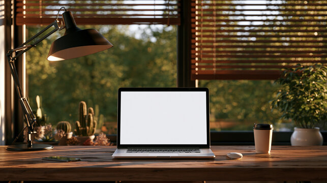 A cozy home office desk mockup with a blank laptop screen, lamp, and coffee cup by a window with blinds, ideal for remote work and lifestyle concepts.