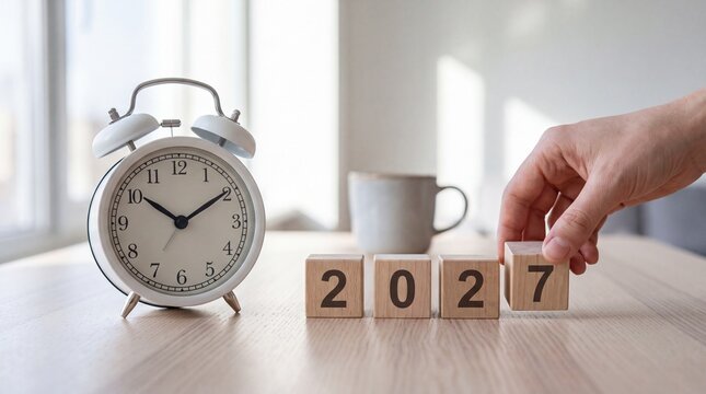 Hand placing wooden block with number seven next to alarm clock on table with wooden cubes displaying year next vintage arranging wooden organization conceptual
