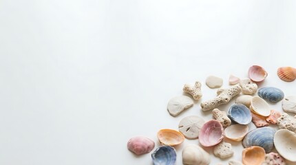 Fototapeta premium Assorted sea shells on a white surface.