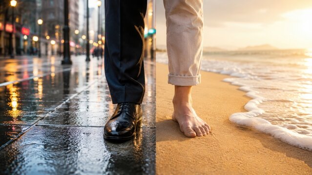 Conceptual image showing the contrast between professional city life and relaxed beach vacation lifestyle.