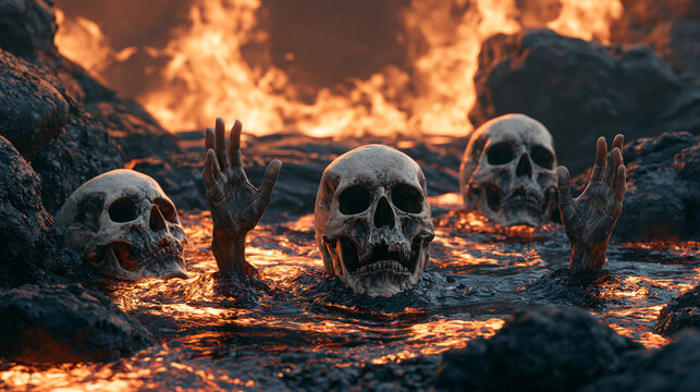 A dark and macabre 3D render of human skulls and skeletal hands rising from a molten lava flow in a hellish, fiery landscape, ideal for horror themes.
