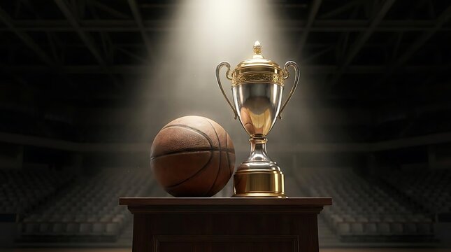 Basketball and gold trophy cup on wooden podium.