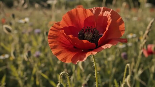 A vivid red poppy stands out in warm sunlight against a soft green meadow filled with more poppies.