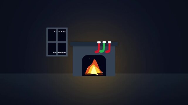 Christmas Fireplace with Burning Fire and Hanging Stockings