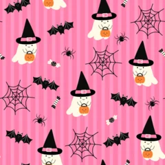 Halloween seamless pattern. Cute ghost, bat and cobweb on a pink background with stripes. Repeating vector print for wrapping, textile, decoration. Halloween party. Fall holiday illustration. © EltaMax99