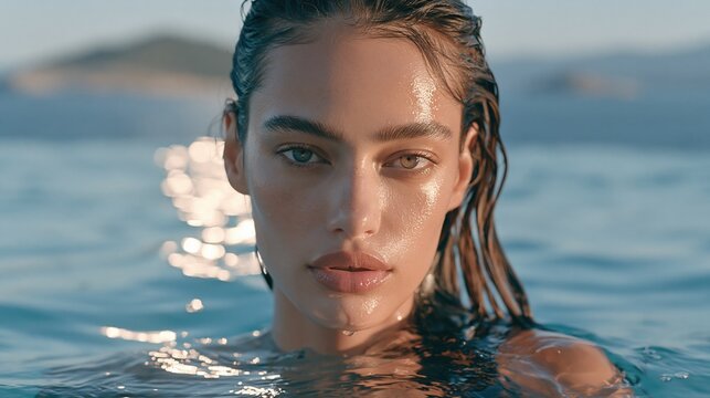 Beautiful Woman Emerging from Ocean Water with Sunlit Reflections and Natural Beauty