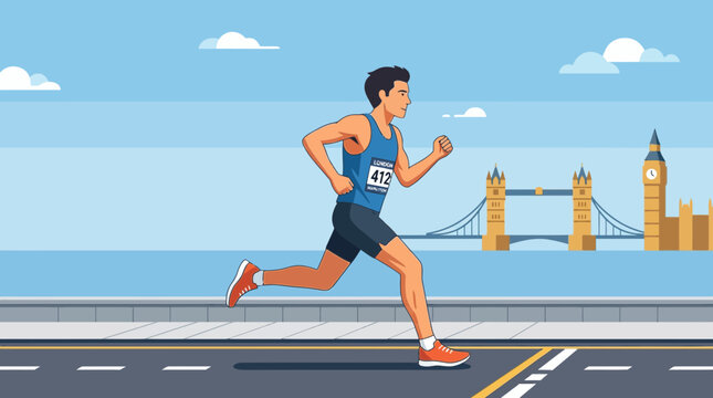 A determined marathon runner races past iconic London landmarks, blending the athleticism of the event with the city's rich history. 