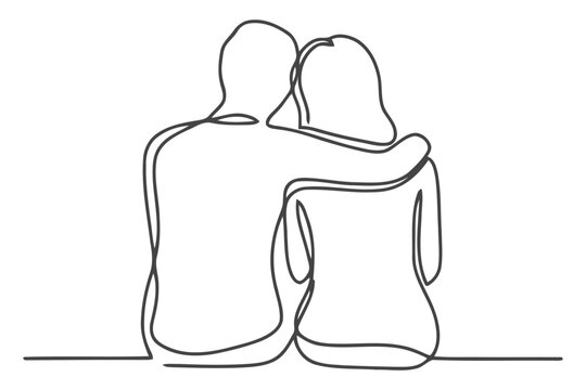 Minimalist continuous line art design of a loving couple embracing each other tightly with line drawing, black and white