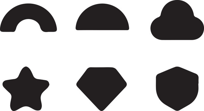 Abstract geometric shapes and decorative design elements vector icon set, arch, semi-circle, cloud shape, rounded star, diamond polygon and badge shield illustration