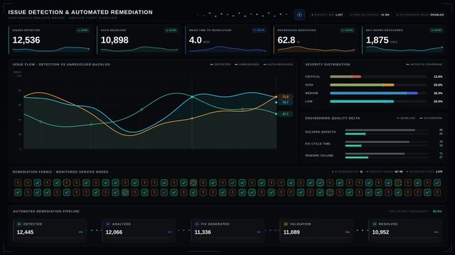 Dark enterprise analytics dashboard tracking AI-powered bug detection and automated issue remediation in real-time. professional stock footage for technology, business, and editorial use.