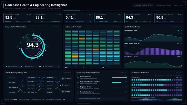 Ultra-polished 4K dark-mode enterprise dashboard monitoring AI-driven codebase health with real-time analytics and intelligent optimization visualization.