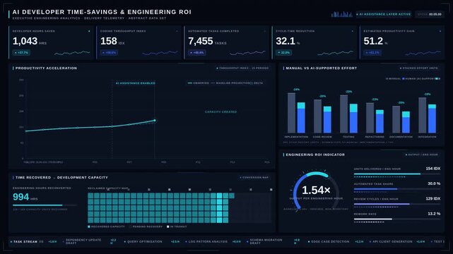 AI-powered engineering productivity dashboard showing developer time savings and ROI metrics in a sleek dark interface. professional stock footage for technology, business, and editorial use.