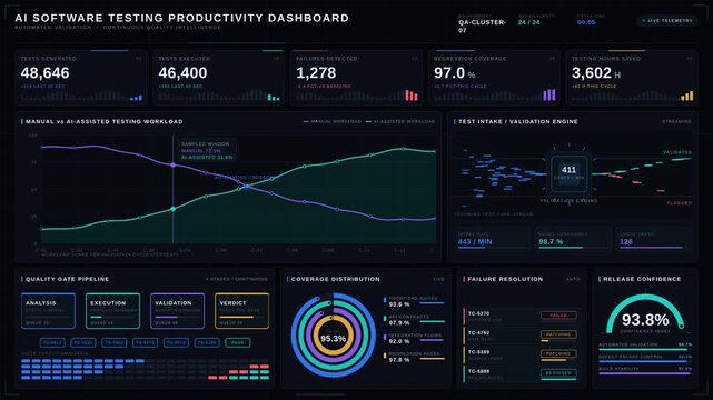 Dark-mode AI automated software testing dashboard with real-time metrics and quality gates in sleek 4K animation. professional stock footage for technology, business, and editorial use.