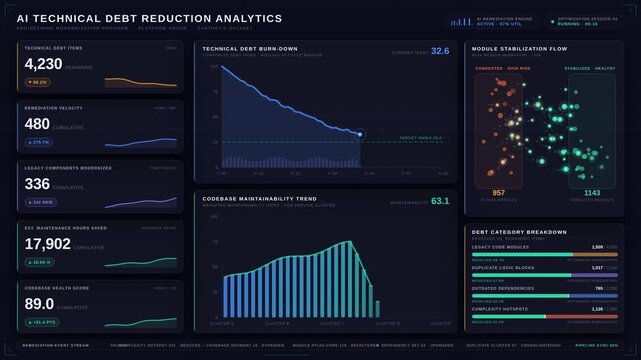 AI-assisted technical debt reduction visualized on a sleek 4K enterprise dashboard with animated metrics and modern glassmorphism effects. professional stock footage for technology, business, and.
