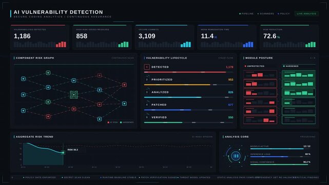 Premium 4K enterprise visualization of AI-driven vulnerability detection and secure software development analytics dashboard. professional stock footage for technology, business, and editorial use.
