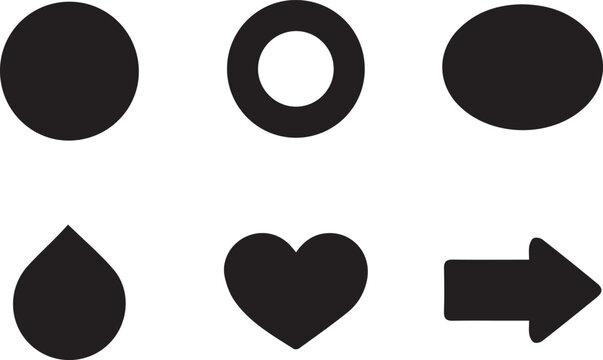 Geometric shapes and symbols vector icon set, solid circle, ring circle, oval shape, water drop teardrop, love heart and right arrow illustration