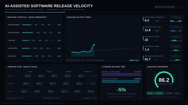 Cinematic 4K dashboard visualizing AI-enhanced software release velocity with dark graphite and electric cyan metrics. professional stock footage for technology, business, and editorial use.