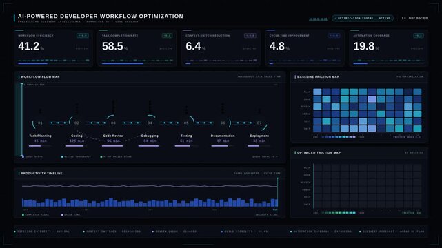 Sleek AI-driven developer workflow analytics dashboard reveals bottlenecks and optimizes engineering efficiency in real time. professional stock footage for technology, business, and editorial use.