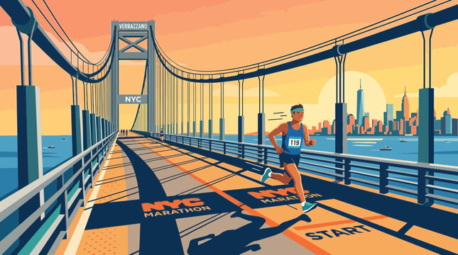 A determined marathon runner crosses the iconic Verrazzano-Narrows Bridge, symbolizing the start of a world-class race in a vibrant city. 