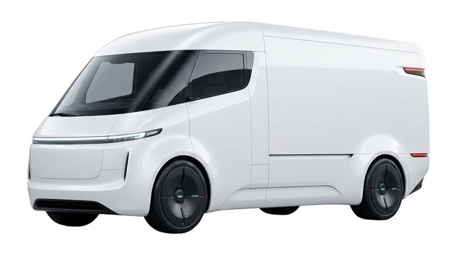 White electric delivery van mockup for futuristic commercial logistics and transport, isolated on transparent background