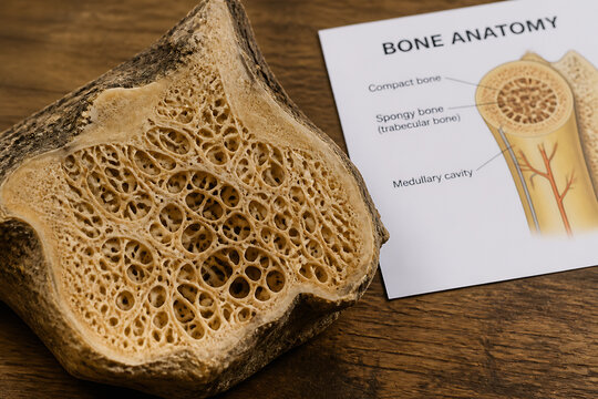 A cross-section of bone next to a diagram illustrating compact, spongy, and medullary cavities on a wooden surface.