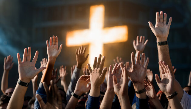 Group worshiping with hands raised towards glowing cross